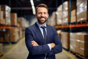 foto de jovem empresário sorrindo de terno dentro de um armazém