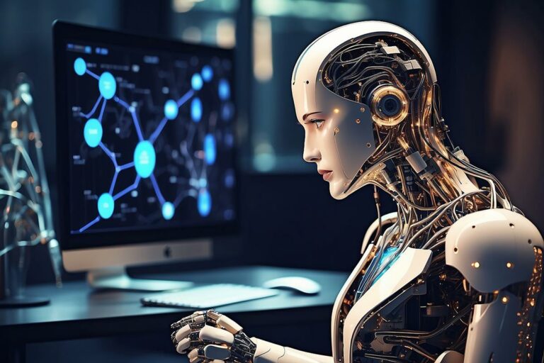 Robô feminino humanoide futurista trabalhando em laptop com formação em tecnologia de inteligência artificial