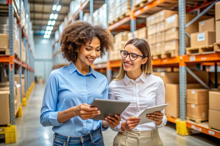 duas jovens empresarias dentro de um armazém com um tablet na mão sorrindo e conferindo o estoque