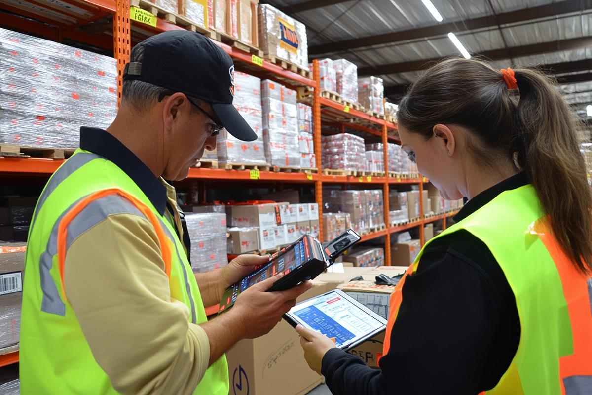 um homem e uma mulher dentro de um deposito fazendo conferencia de mercadorias com seus tablets