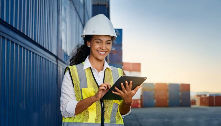 cross docking jovem sorrindo no porto conferindo tablet