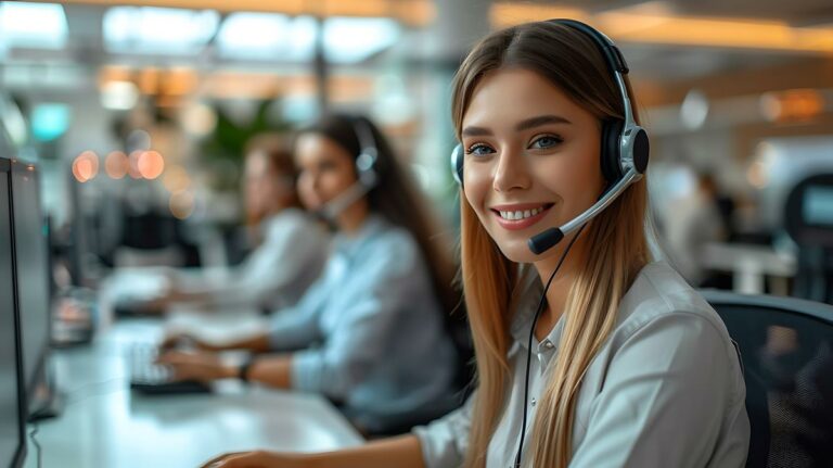 jovem mulher sorrindo em atendimento em um call center